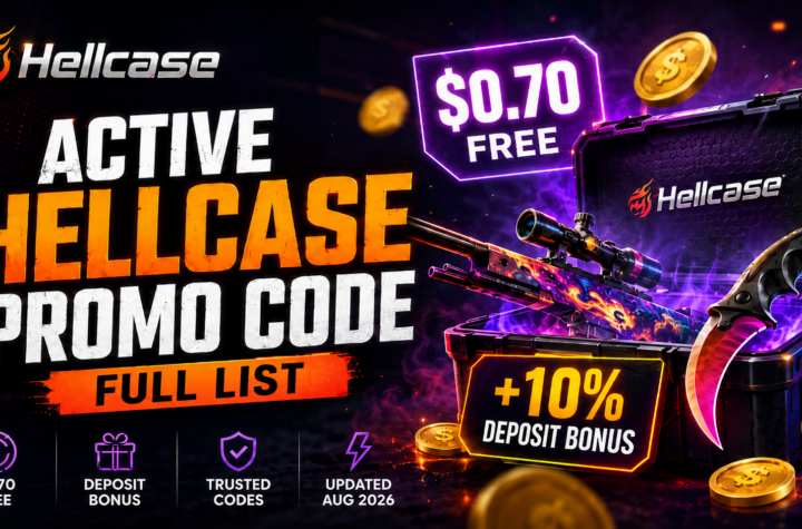 Hellcase promo code offer with a $0.70 free bonus, a 10% deposit bonus, CS2 skins, and case opening.