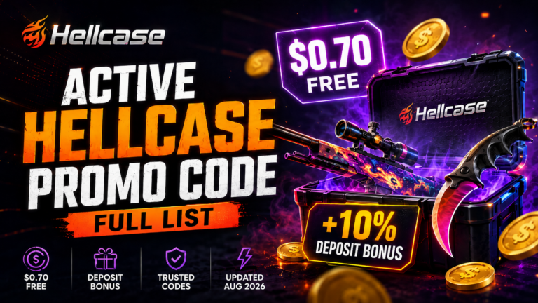 Hellcase promo code offer with a $0.70 free bonus, a 10% deposit bonus, CS2 skins, and case opening.